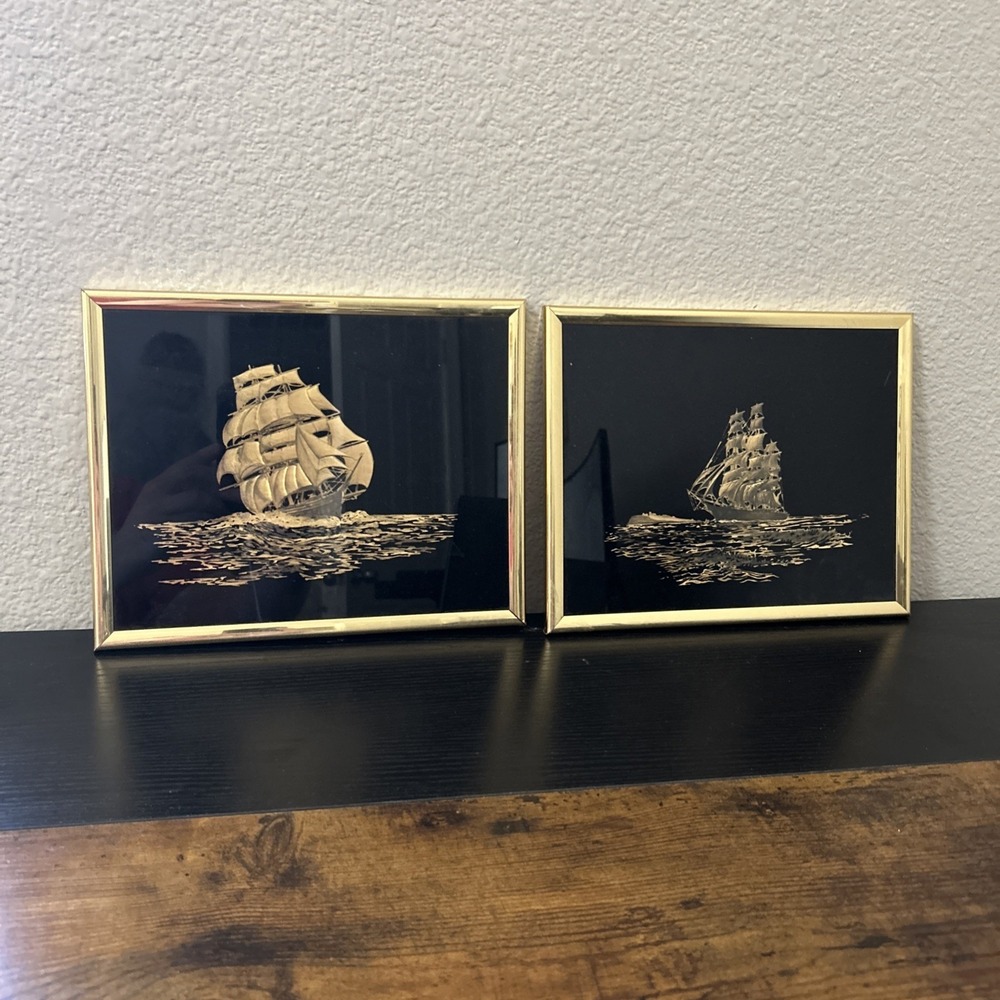 2 Vintage Kafka Industries Gold Foil‎ Art Etching Ship Framed Pictures 5707/5345